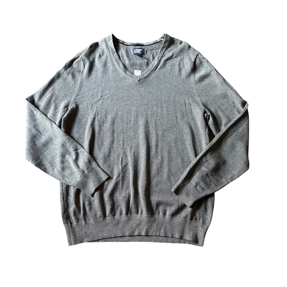 LANDS END Men's Grey V-neck Sweater, Supima Cotton; Size Large tall‎